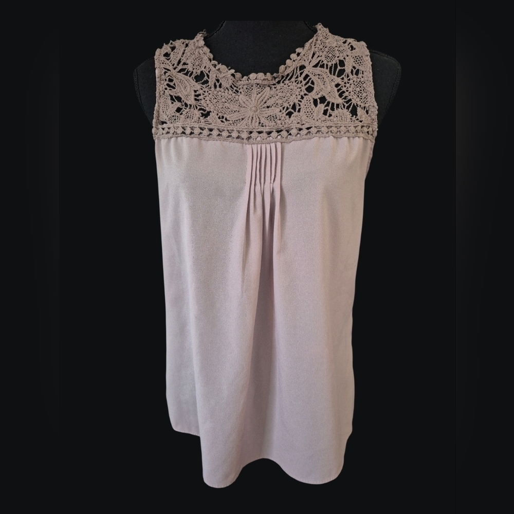Baby Elephant Beige Sleeveless Blouse w/ Intricate Crochet Lace Neckline - Sz S